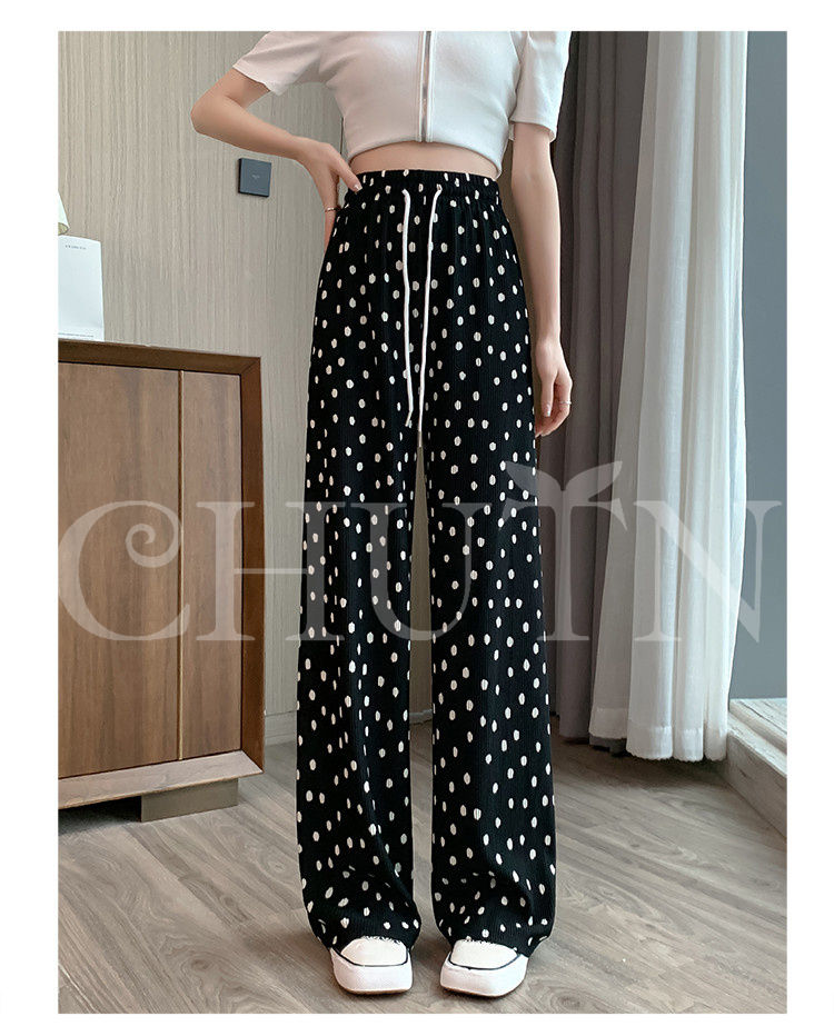 ロングパンツ ドット柄 リブパンツ レディース 春夏ワイドパンツ