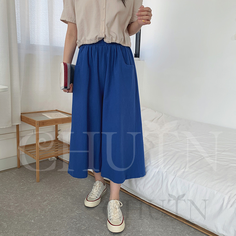 ワイドパンツ ガウチョパンツ シンプル 無地 夏 ロングパンツ