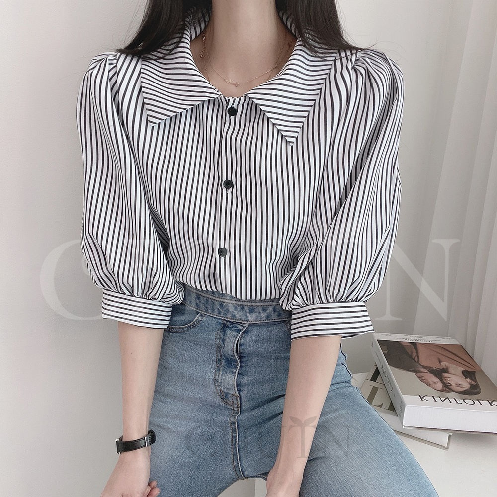 極美品☆エストネーション 袖ねじりブラウス パフスリーブ袖 ストライプ ブラウス 半袖 夏ブラウス シャツ レディース ストライプ