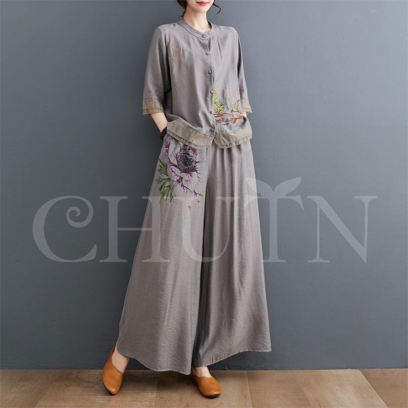 セットアップ レディース 夏服 リネン 五分袖刺繍ブラウス ロング