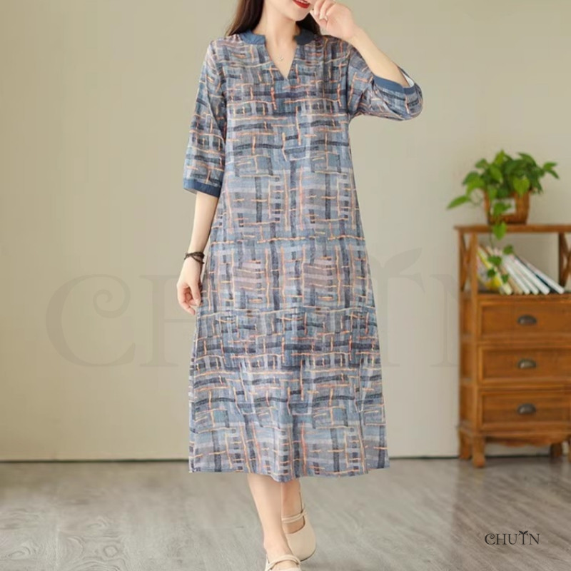 即納夏ワンピースレディース 40代50代 秋Vネック 5分袖 ミモレ丈