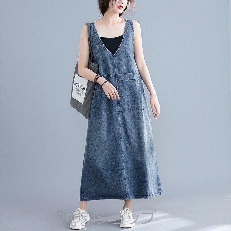 【極美品、試着のみ】薄手デニム ノースリーブ ひざ丈ワンピース 即納デニムワンピース50代ワンピース大きいサイズ春夏秋ワンピース