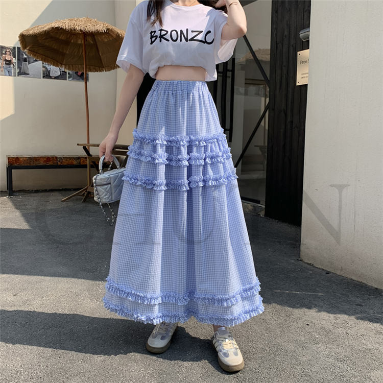 CHUTN可愛い チェック柄夏スカートロング ゆったりウエストゴム 涼しい