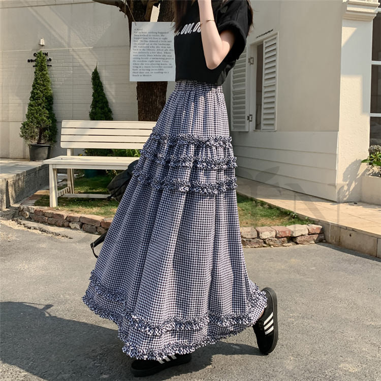 CHUTN可愛い チェック柄夏スカートロング ゆったりウエストゴム 涼しい