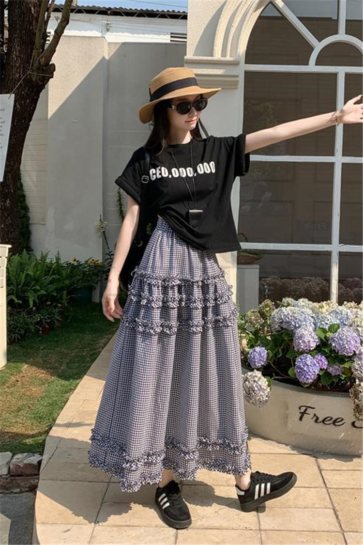 CHUTN可愛い チェック柄夏スカートロング ゆったりウエストゴム 涼しい