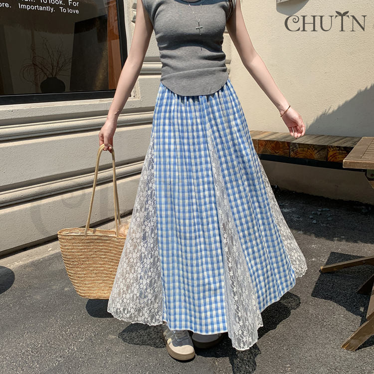 可愛い チェック柄夏スカートロングゆったりウエストゴム 涼しい