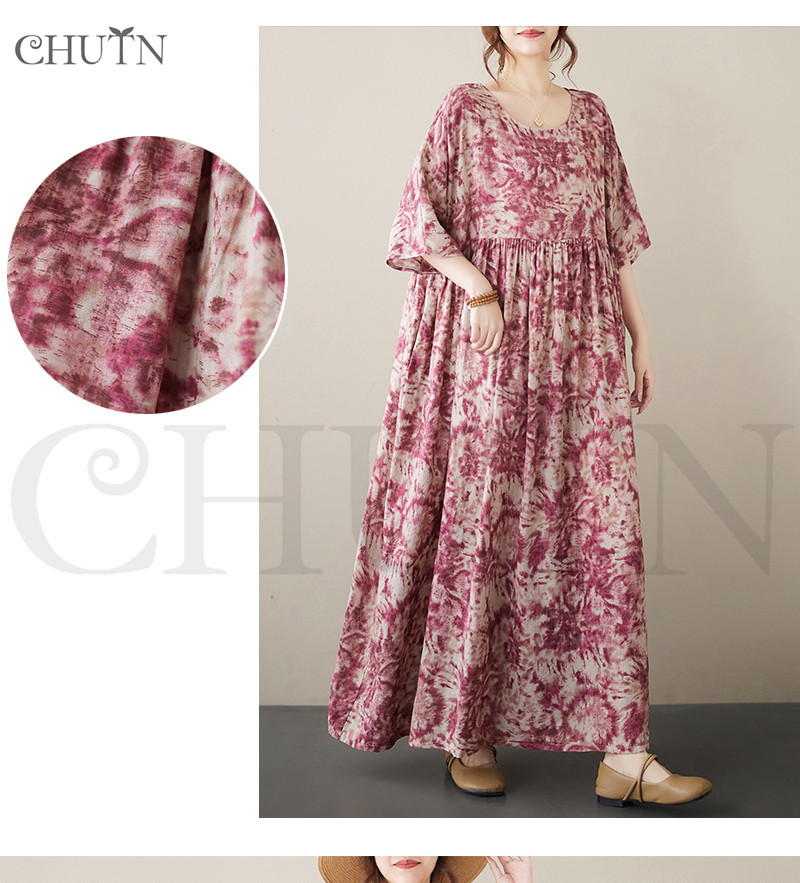 45R★縮絨 花柄ワンピース ゆったり身幅 CHUTN綿麻風ワンピースレディース40代50代 花柄ワンピース涼感