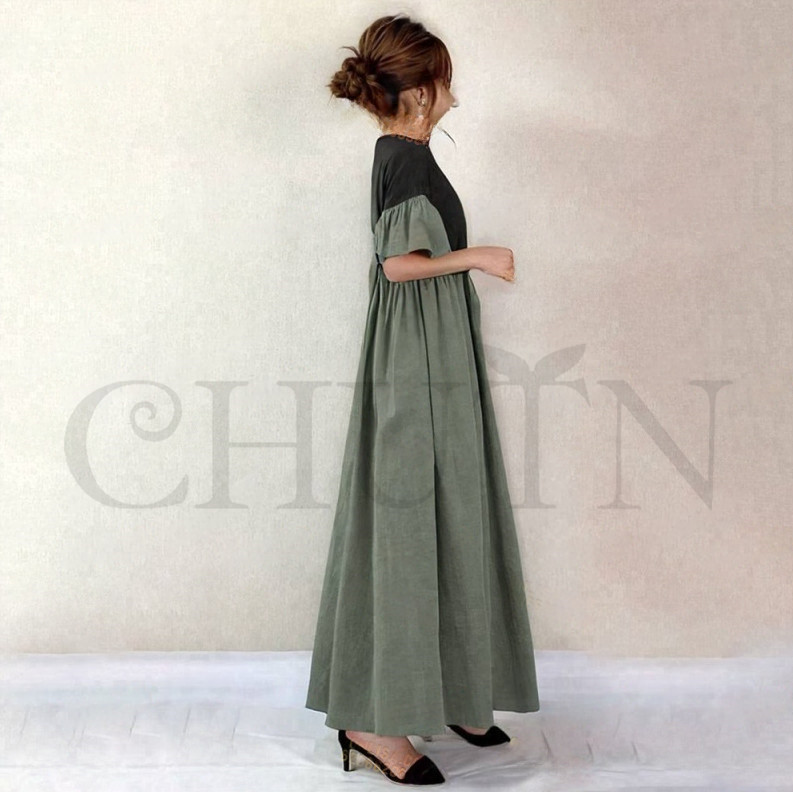 フレアワンピース ラウンドネック キレイめ半袖ンピース ギャザー