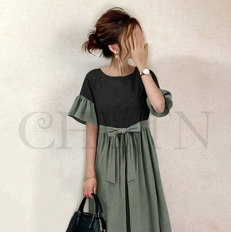 フレアワンピース ラウンドネック キレイめ半袖ンピース ギャザー