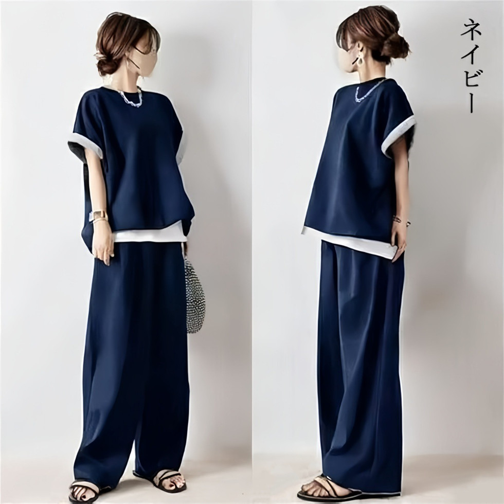 夏服セットアップ 涼しい半袖 ブラウス+パンツ2点セット半袖シャツ