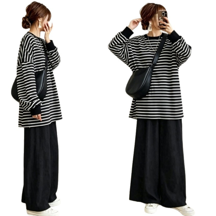 秋服スーツセットアップ ボーダー柄パーカー+パンツ2点セット長袖不 
