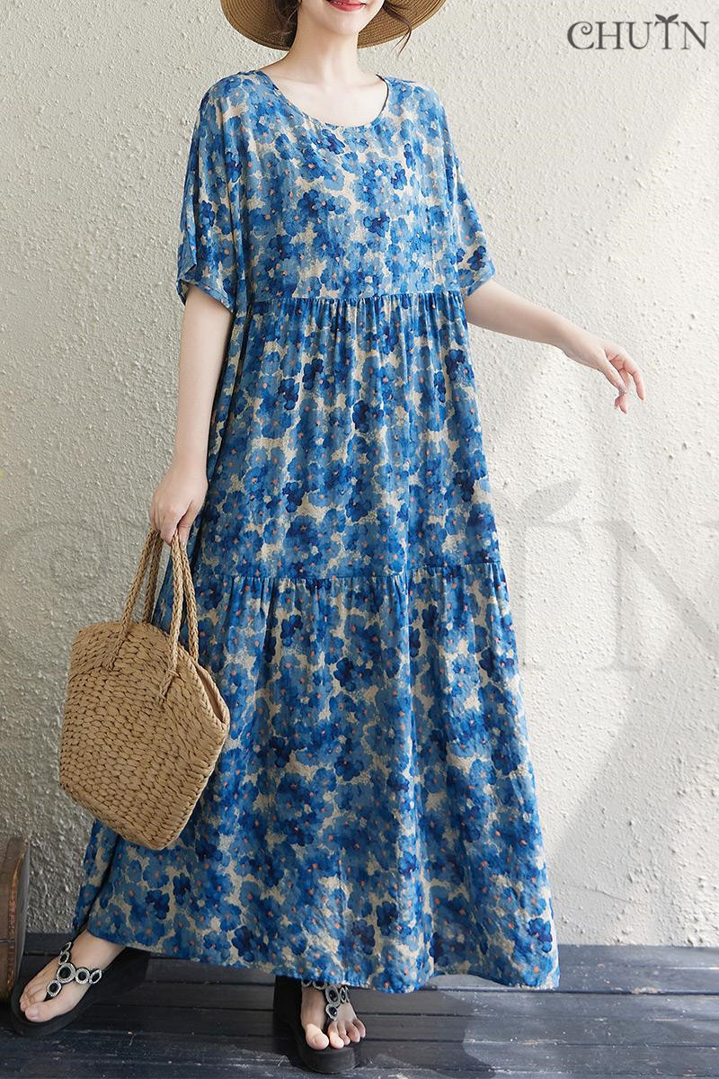 夏ゆるワンピース花柄マキシワンピース夏 体型カバー 涼しいワンピース