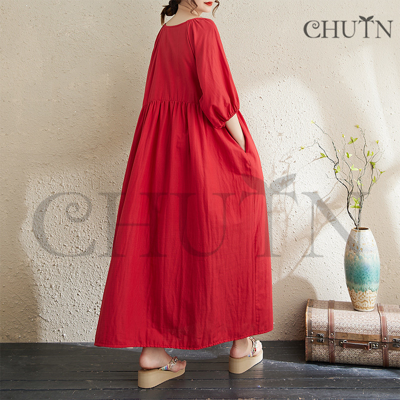 秋赤ワンピース50代ワンピースゆったり5分袖 体型カバー マキシTシャツ