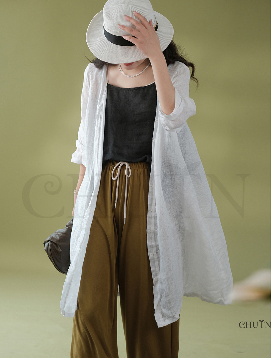 ケムリ、ロングシャツ、カーディガン、新品、薄手なんで春夏秋モン Death‼️ カーディガンシロングシャツ シャツワンピース綿麻 7分袖カーディガン