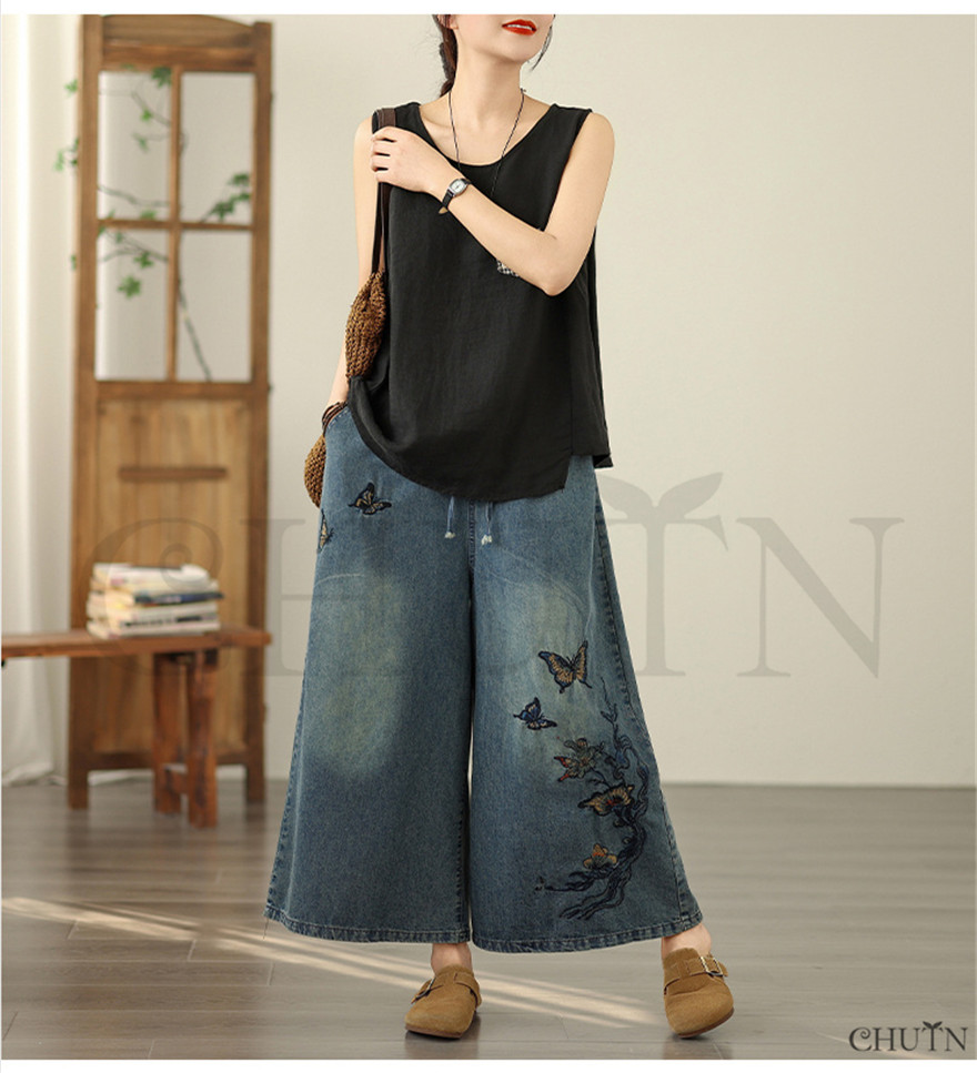 春夏デニムワイドパンツ バルーンパンツデニムボトムス夏デニム刺繍花