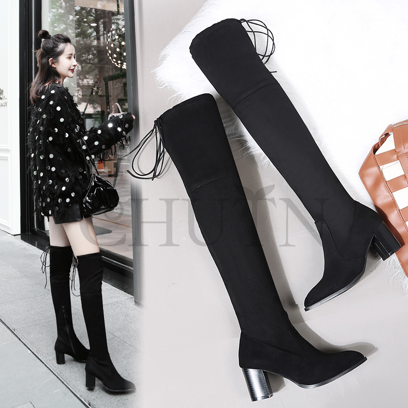 ロングブーツレディースニーハイブーツ 長靴 履きやすい 太めヒール