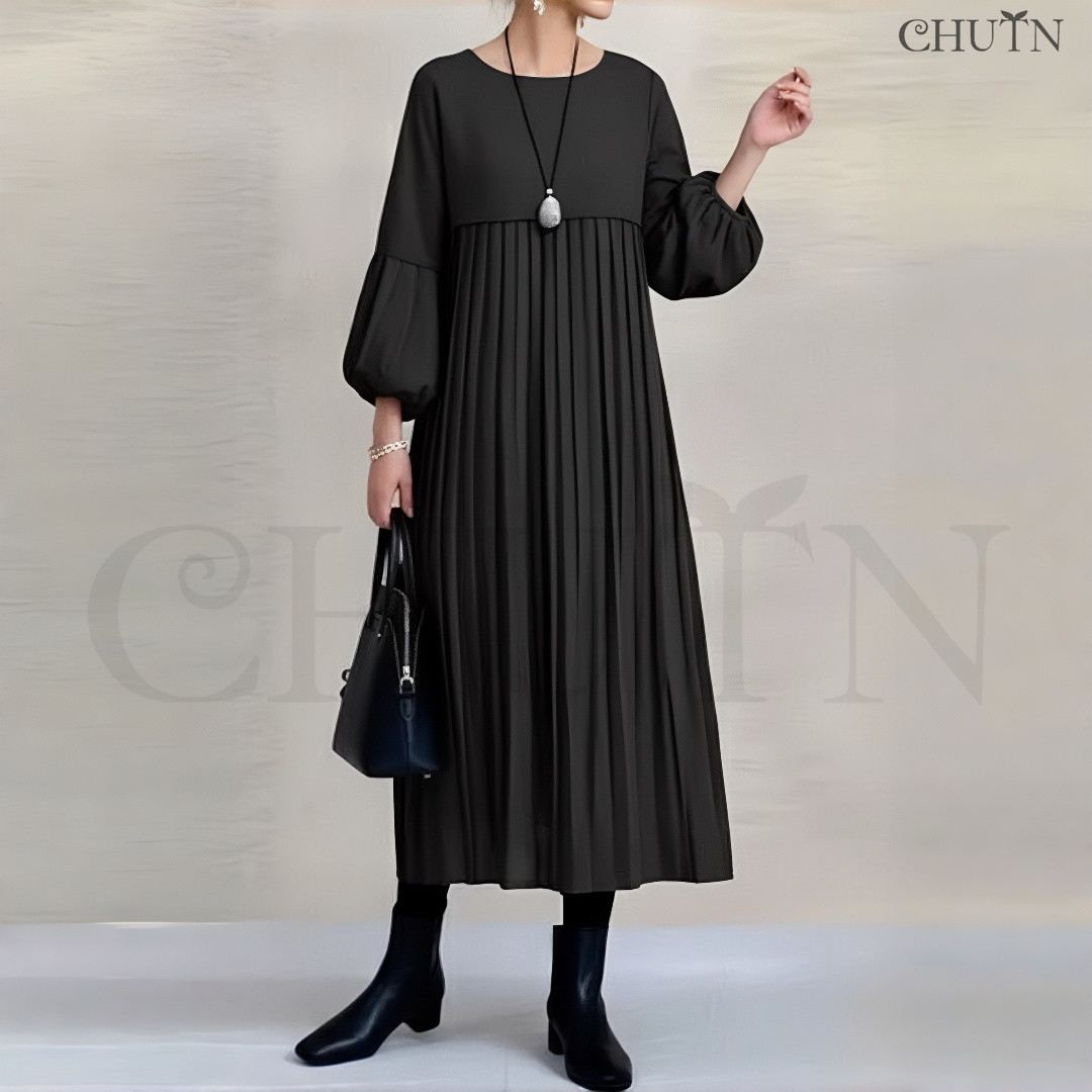 秋プリーツワンピースロングパフスリーブ袖ドッキングパーカー