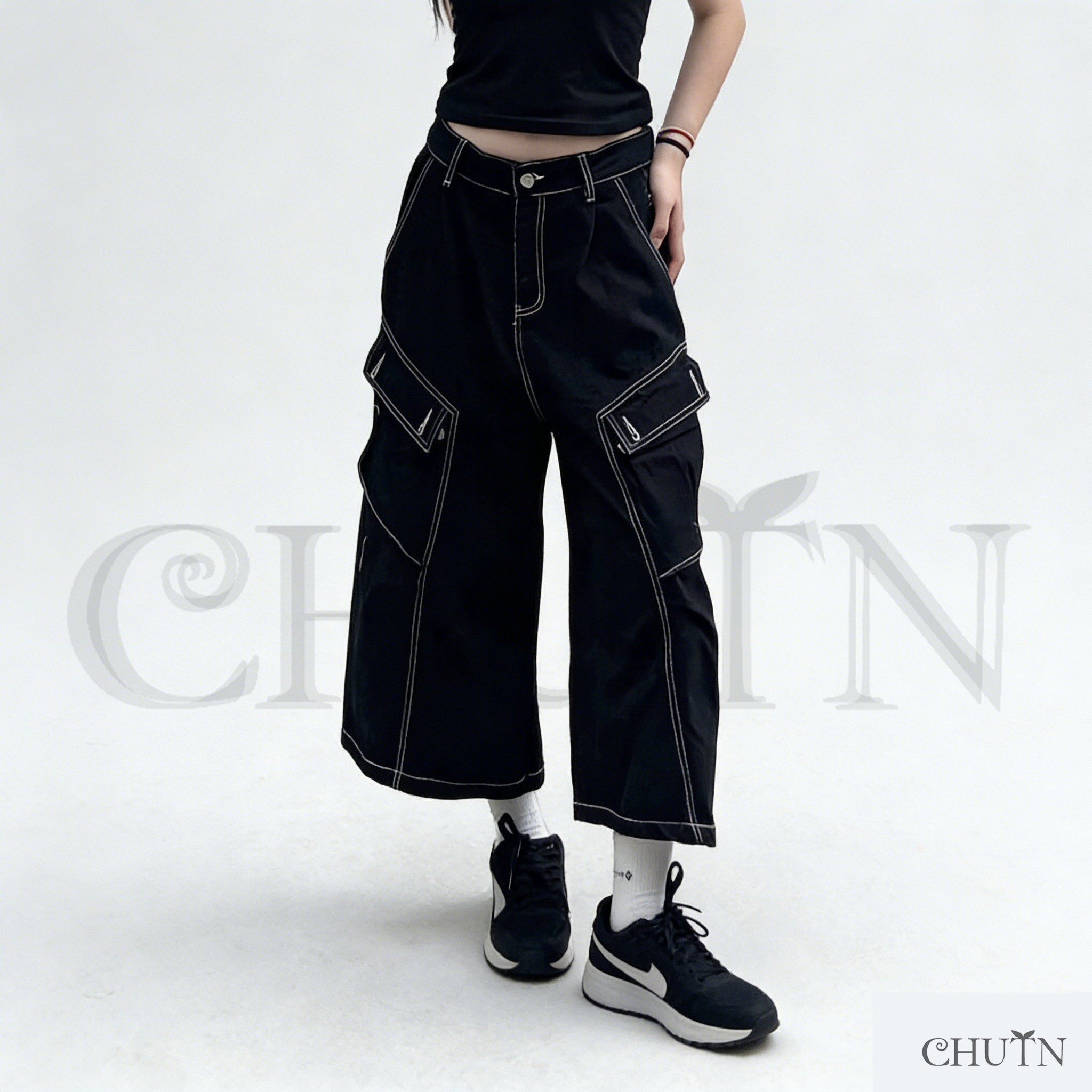 CHUTN夏デニムワイドパンツ バルーンパンツ 黒デニムボトムスデニム