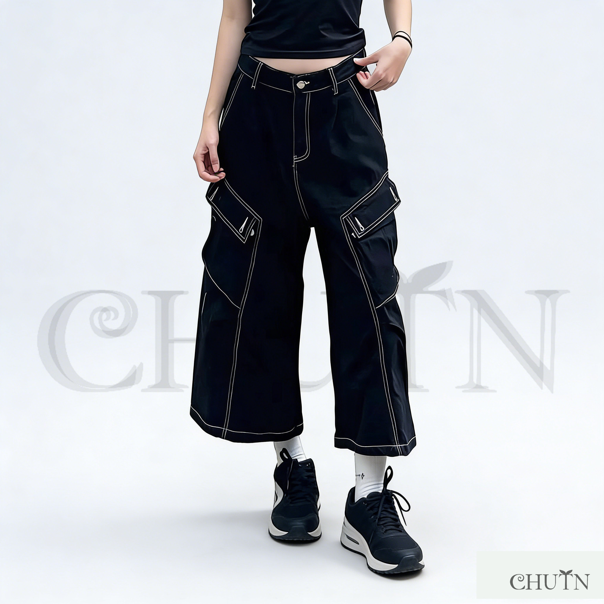 CHUTN夏デニムワイドパンツ バルーンパンツ 黒デニムボトムスデニム