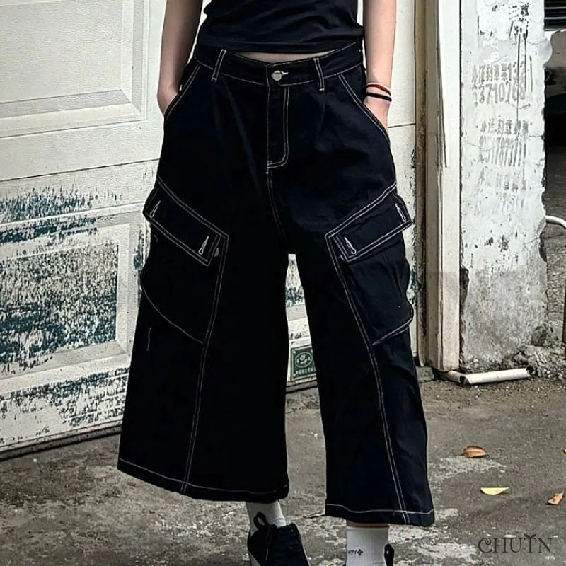 CHUTN夏デニムワイドパンツ バルーンパンツ 黒デニムボトムスデニム