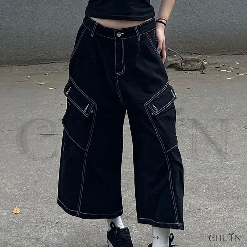 CHUTN夏デニムワイドパンツ バルーンパンツ 黒デニムボトムスデニム