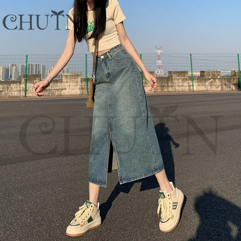 秋デニムスカート タイトスカート膝丈 スリット レデイースデニム