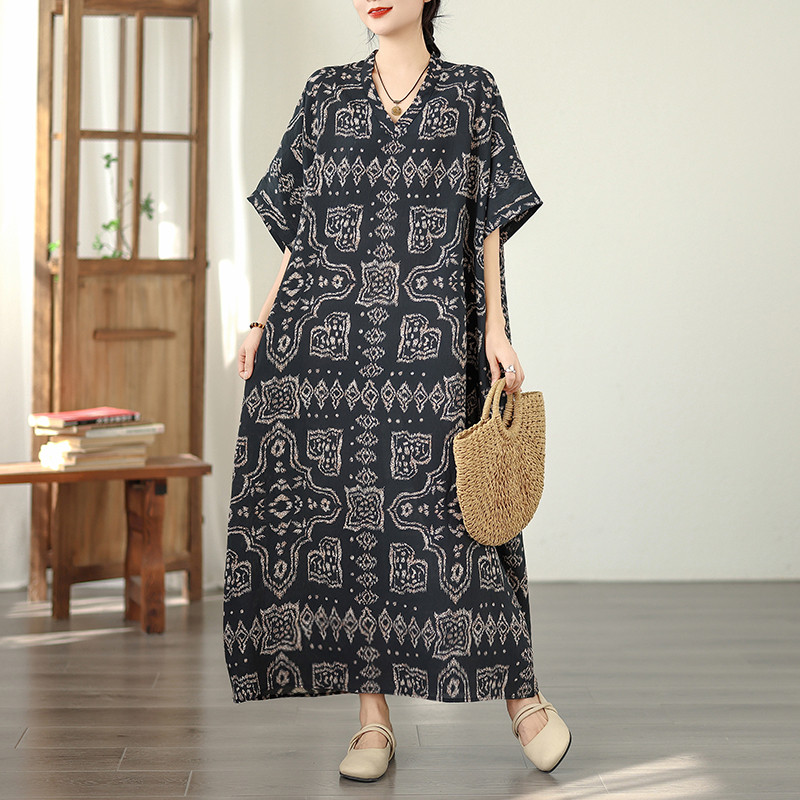 激レア✨TAUPE 麻・綿素材　ボリュームギャザー　ロングワンピース　半袖 サマーワンピース 綿麻マキシワンピース40代夏半袖Vネック ゆったり