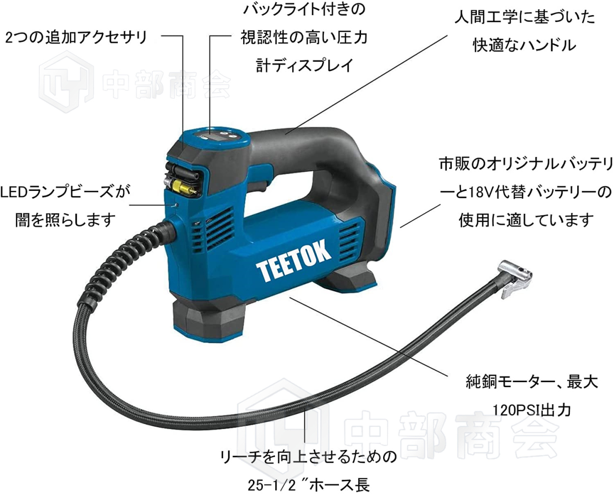 エア コンプレッサー エア 小型 静音 車 自転車 コードレス 充電式 電動空気入れ 空気入れ マキタ 18V バッテリー用 自動車 LEDライト  おすすめ【本体のみ】 :FK-DQJ:中部商会 - 通販 - Yahoo!ショッピング