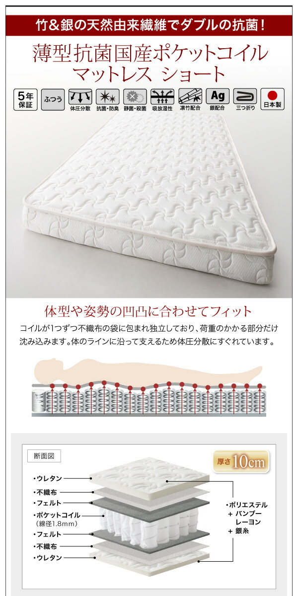 ほぼ未使用 コンパクトロフトベッド 薄型軽量ポケットコイル マットレス付き リネンセット セミシングル ショート丈 組立設置付 【K1347033209】(49253円)