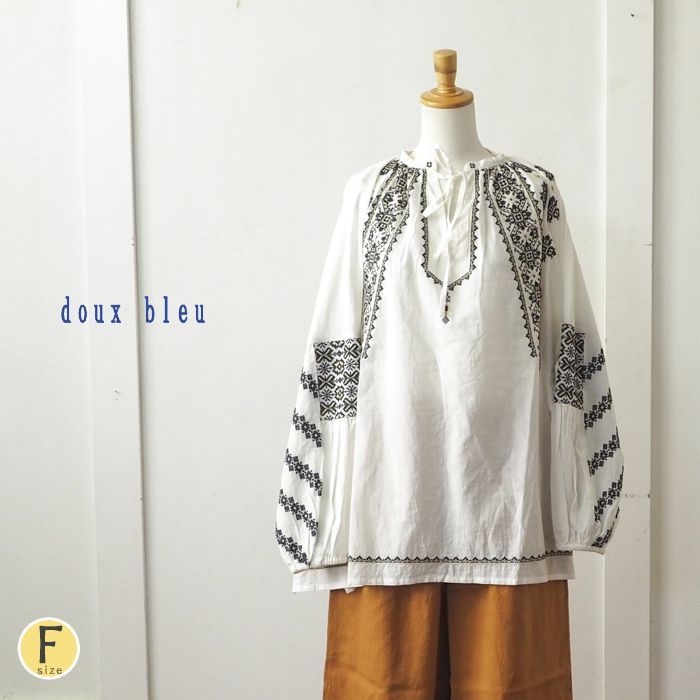 YARRA doux bleu ドゥーブルー 民族刺繍ポワン袖プルオーバー