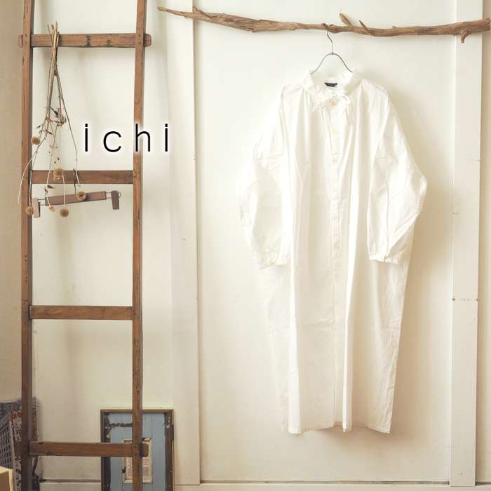 ichi イチ ロングシャツワンピース　フリル襟　リボン　コットン　長袖　赤 ICHI イチ 襟フリルとリボン綿麻ロングシャツワンピース