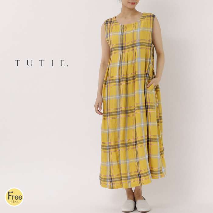 美品　ツチエ TUTIE. リネン パネルチェック ノースリーブ ワンピース 美品 ツチエ TUTIE. リネン パネルチェック ノースリーブ
