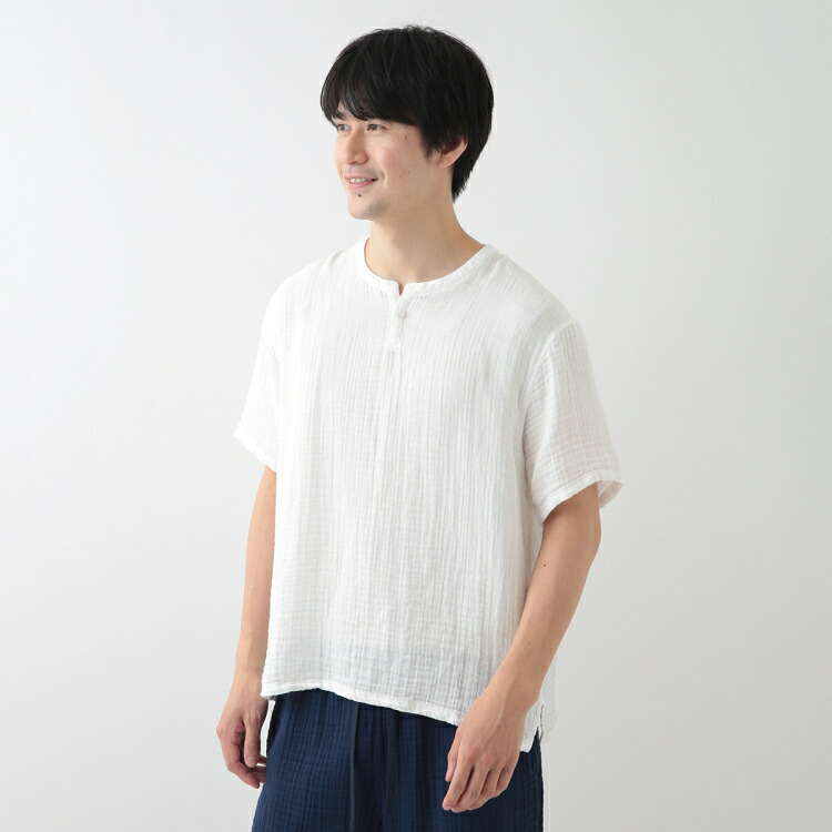 UCHINO SALE UCHINO クレープガーゼ ヘンリーネックTシャツ ベーシック