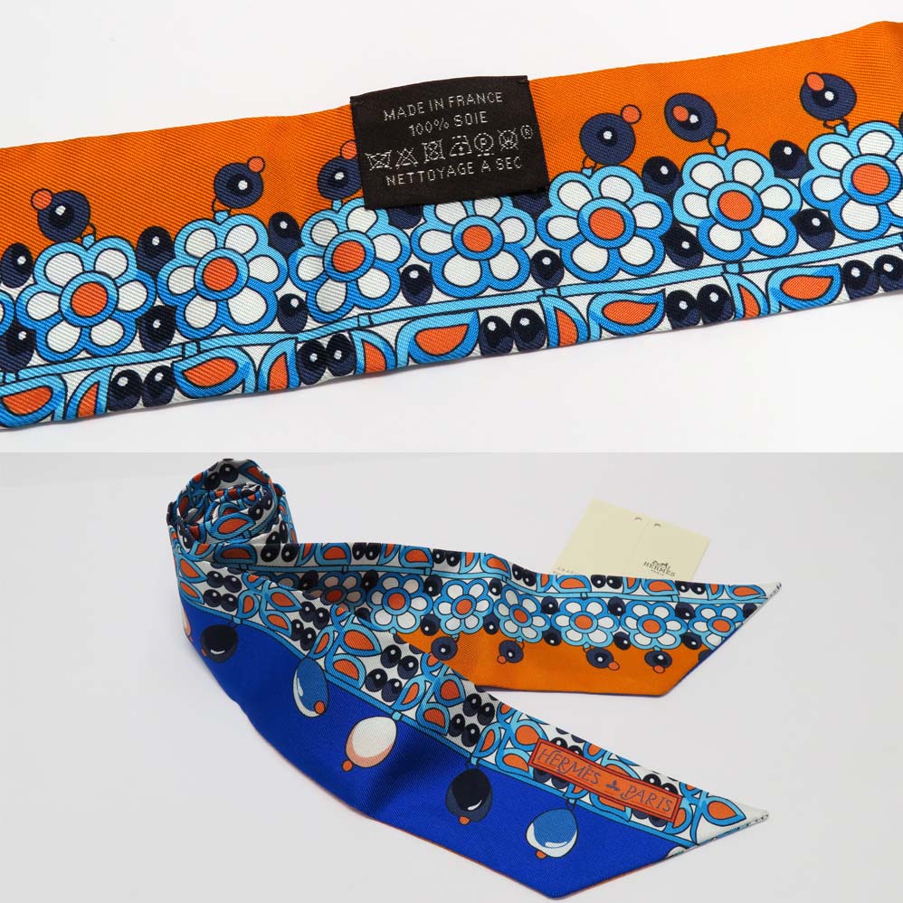 【名古屋】エルメス ツイリー マハラジャの装身具 PARURES DES MAHARAJAS スカーフ シルク ブルー オレンジ 小物