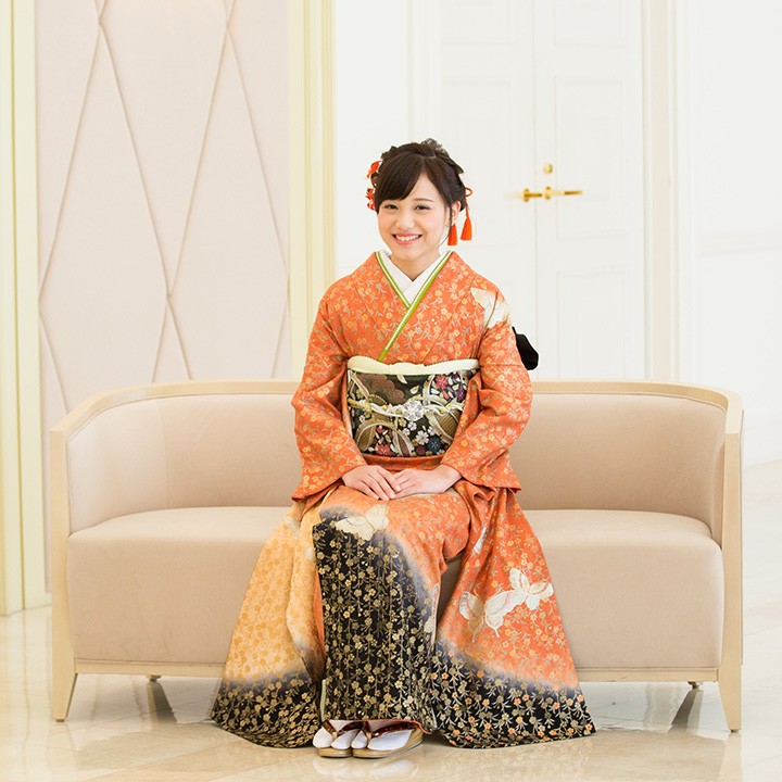 高級正絹 振袖レンタル 送料無料 FS-002 オレンジ系 振袖 成人式