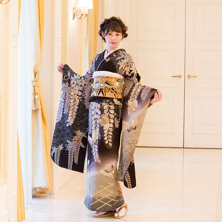 正絹 振袖 黒 高級正絹 振袖レンタル 送料無料 FS-011 黒系 振袖 成人式 レンタル