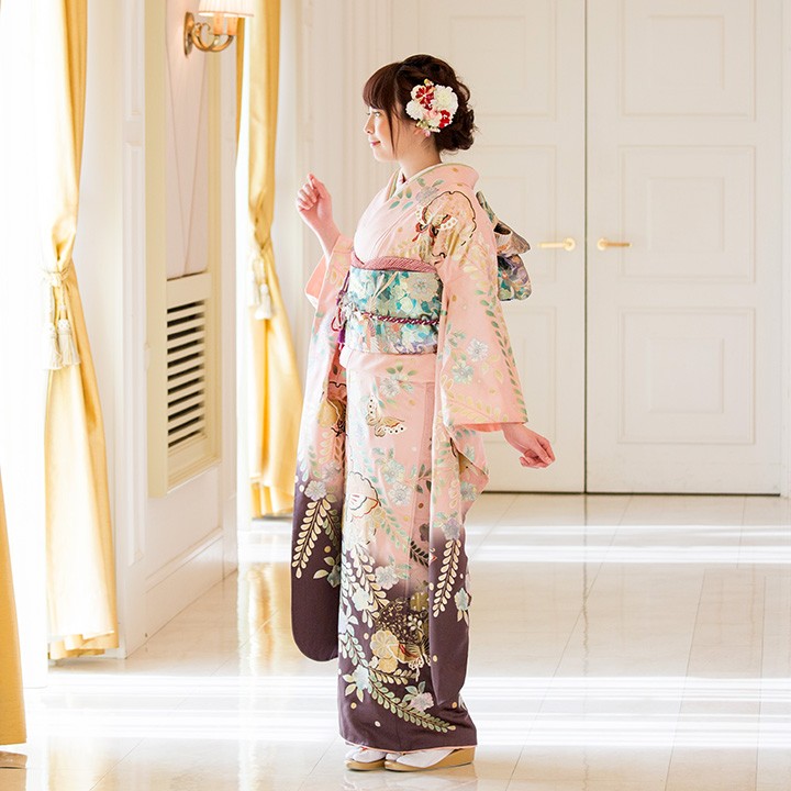 成人式　単品　1140 薄黄色&ピンク　正絹　振袖　格安！ 高級正絹 振袖レンタル 送料無料 FS-047 ピンク系 振袖 成人式