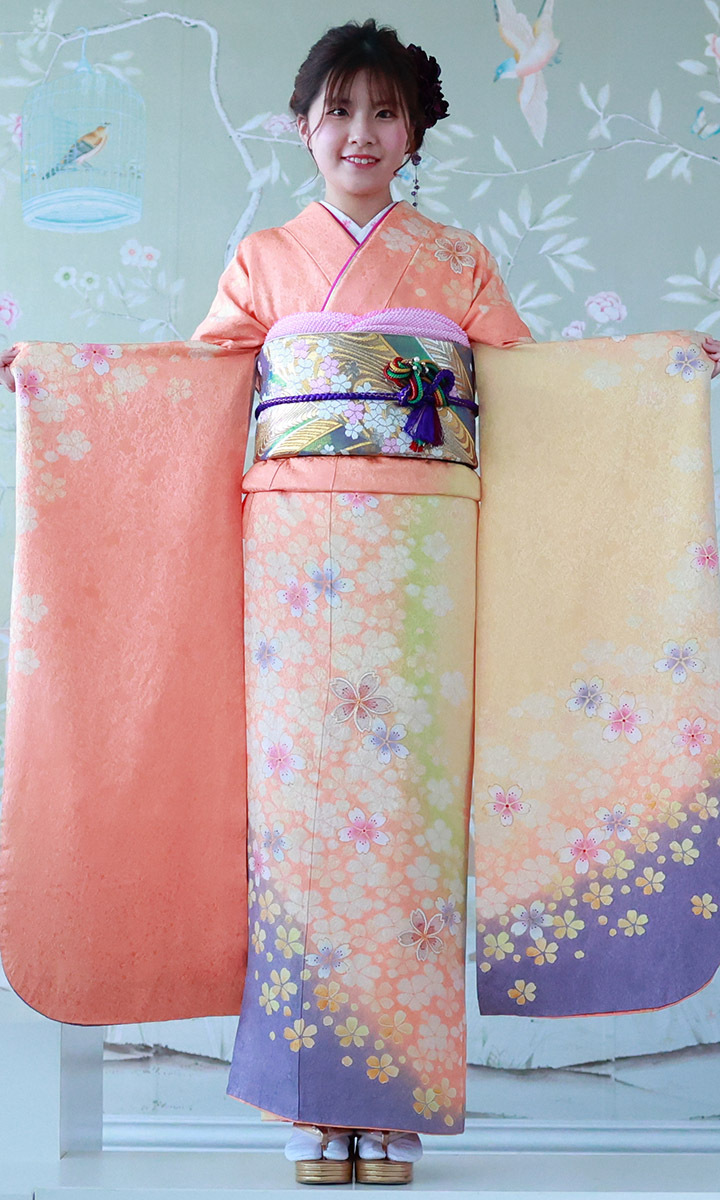 高級正絹 振袖レンタル 送料無料 FS-541 オレンジ 黄色 桜 振袖 成人式 