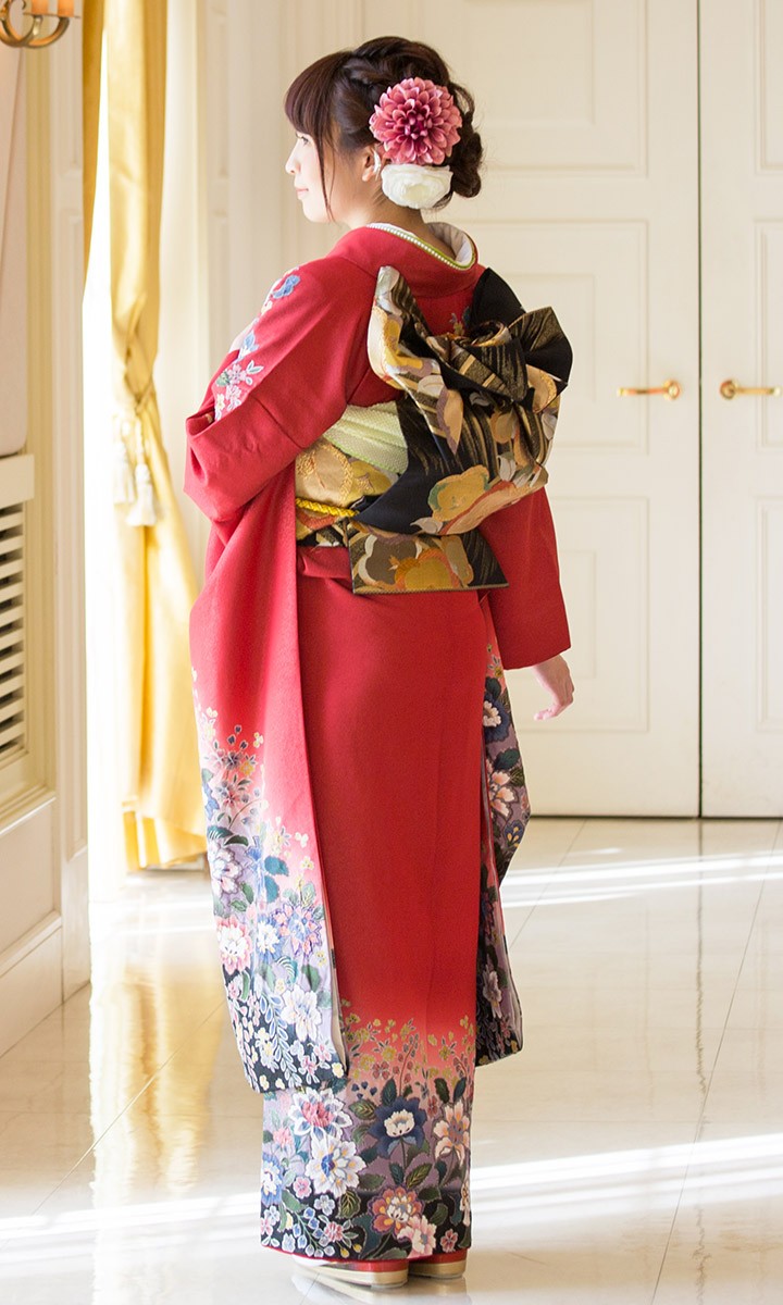 正絹 振袖 赤 高級正絹 振袖レンタル 送料無料 FS-058 赤系 振袖 成人式 レンタル