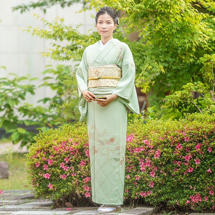 【一部予約販売】 レンタル フルセット 夏用 単衣 訪問着 HEHO-MI067 白緑色 汕頭 着物・浴衣