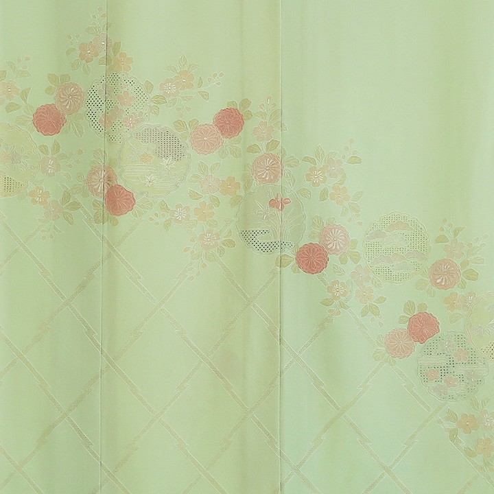 【8/2】訪問着☆汕頭刺繍☆花柄（緑色） レンタル フルセット 夏用 単衣 訪問着 HEHO-MI067 白緑色 汕頭