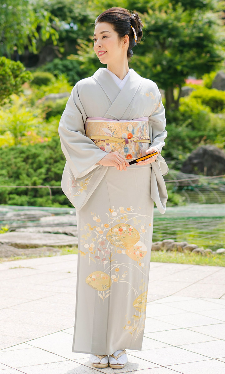 レンタル フルセット 夏用 単衣 訪問着 HEHO-MI068 白鼠色 蛤・菊 6月
