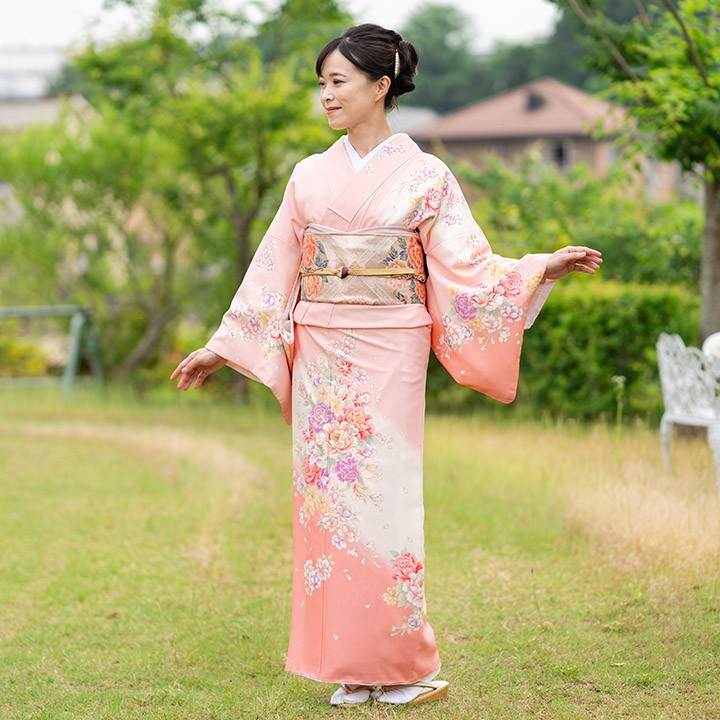 レンタル フルセット 高級正絹 訪問着 HO-FU311 桜色 薔薇・桜・牡丹
