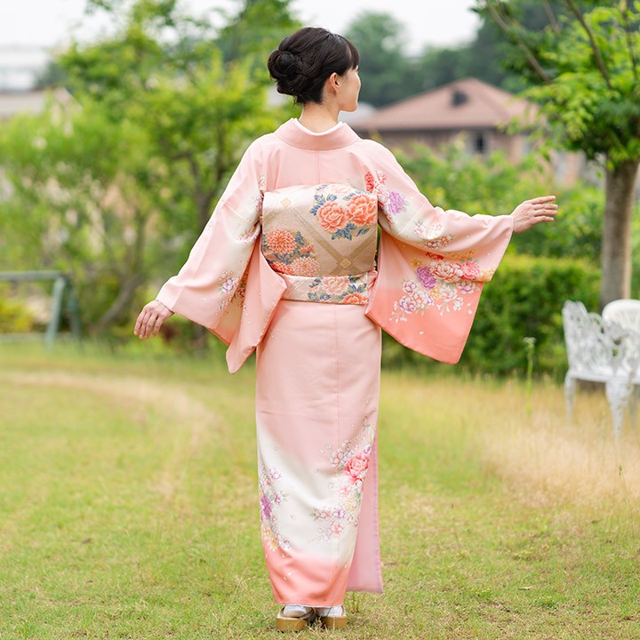 レンタル フルセット 高級正絹 訪問着 HO-FU311 桜色 薔薇・桜・牡丹