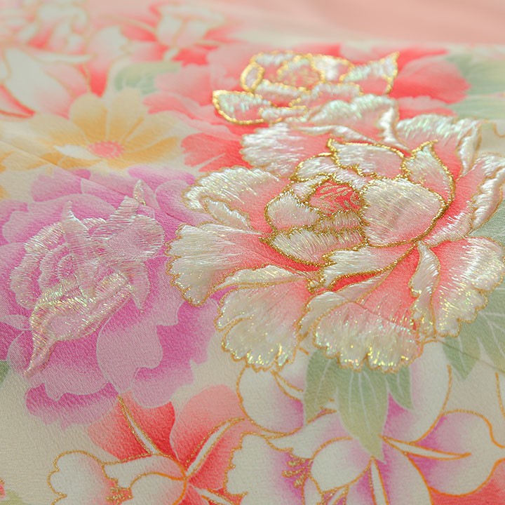 レンタル フルセット 高級正絹 訪問着 HO-FU311 桜色 薔薇・桜・牡丹
