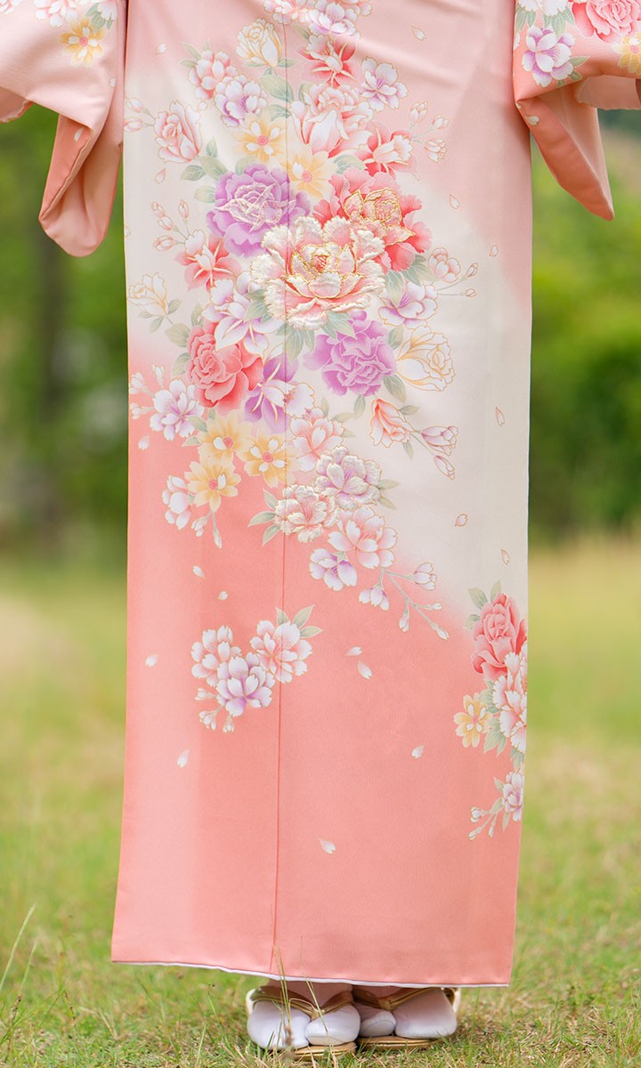 レンタル フルセット 高級正絹 訪問着 HO-FU311 桜色 薔薇・桜・牡丹