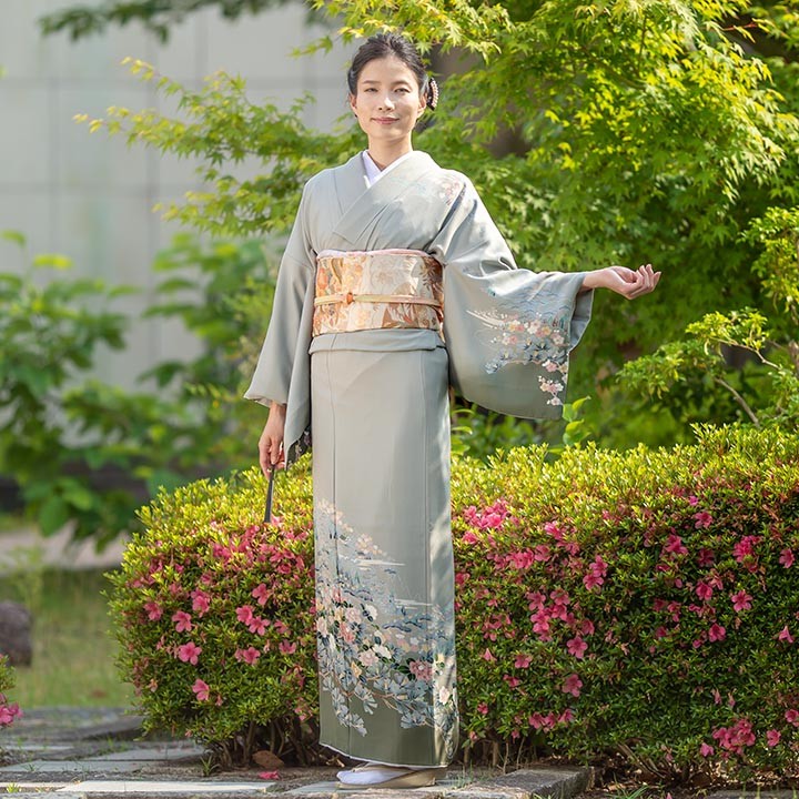 レンタル フルセット 高級正絹 訪問着 HO-FU314 銀鼠色 椿と松 結婚式