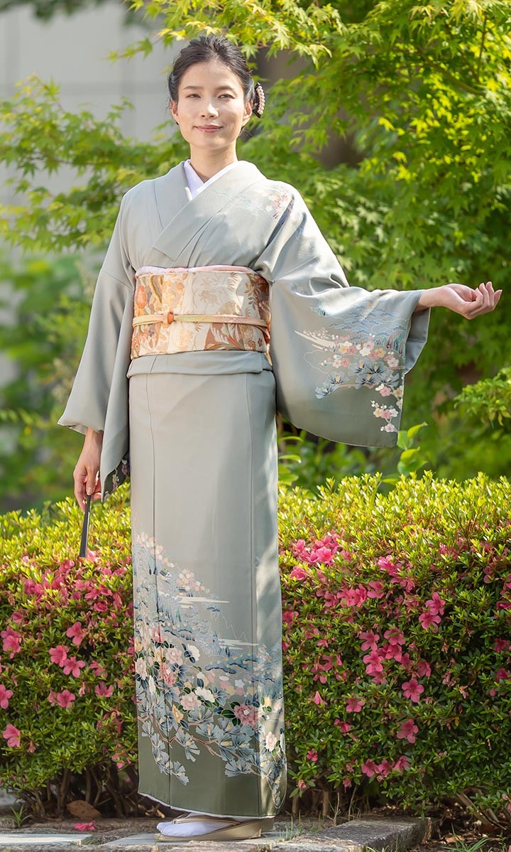 レンタル フルセット 高級正絹 訪問着 HO-FU314 銀鼠色 椿と松 結婚式