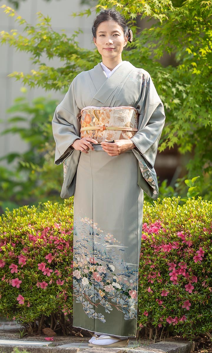 レンタル フルセット 高級正絹 訪問着 HO-FU314 銀鼠色 椿と松 結婚式