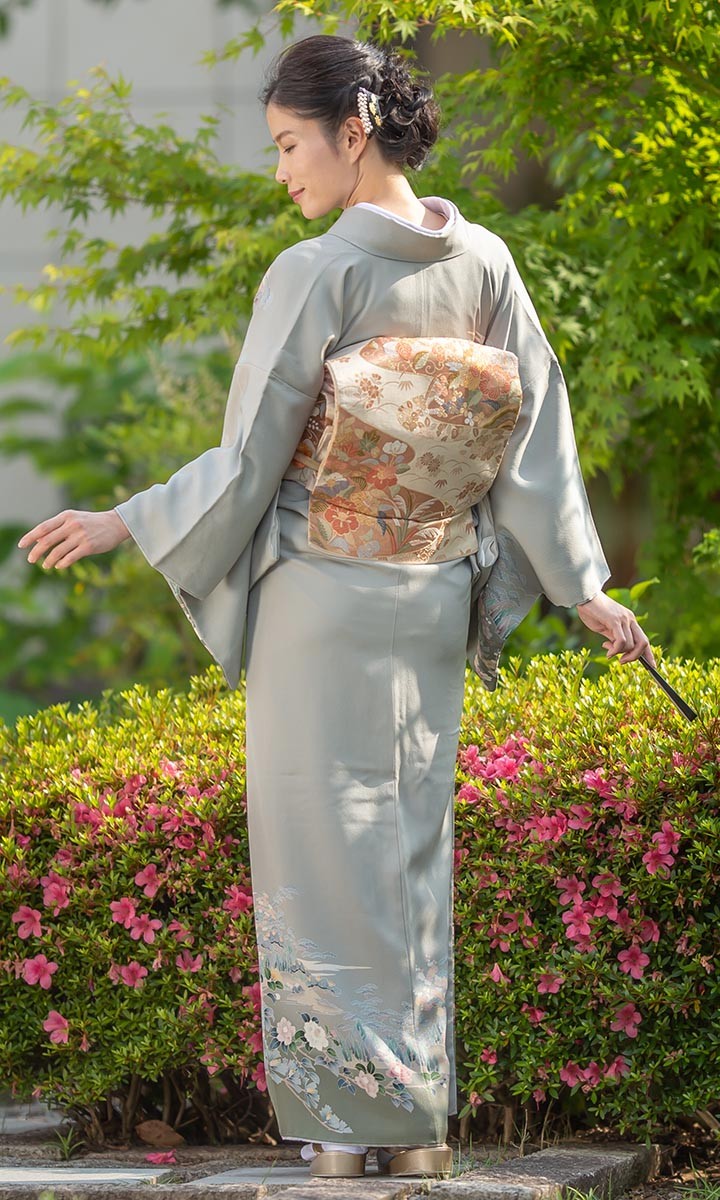 レンタル フルセット 高級正絹 訪問着 HO-FU314 銀鼠色 椿と松 結婚式